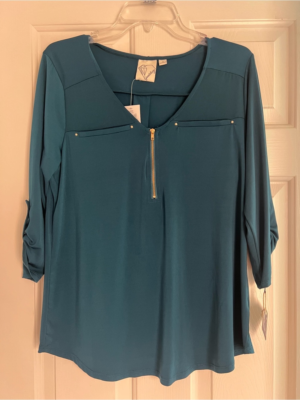Elegant Teal Zip-Front Women's Blouse - Unbranded
